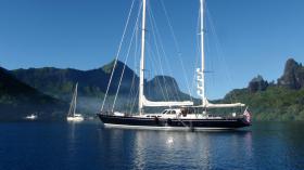 Avalon at anchor in the Society Islands during her second voyage around the world.
